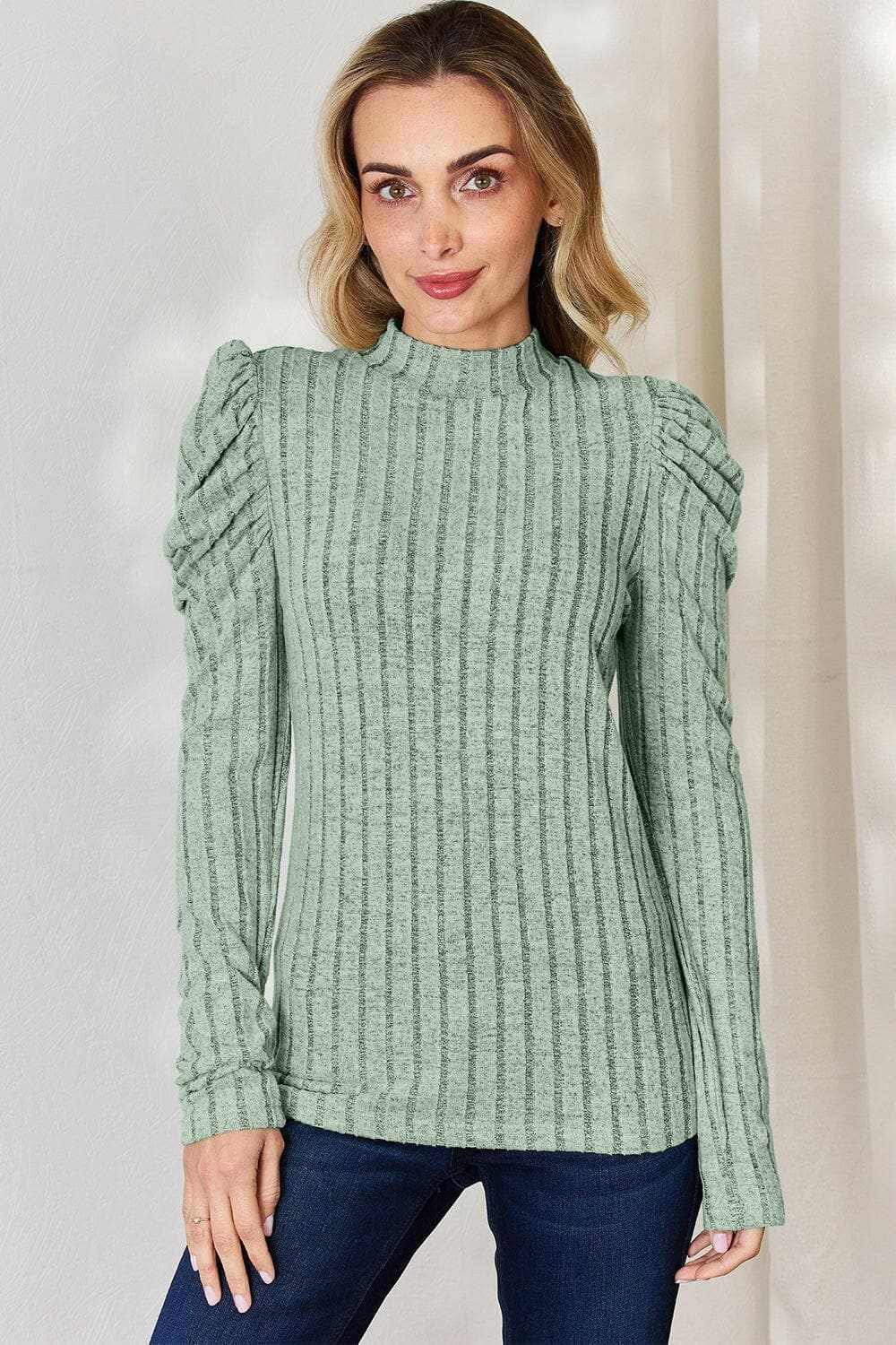 Ribbed mock neck top with puff sleeves - Love Salve